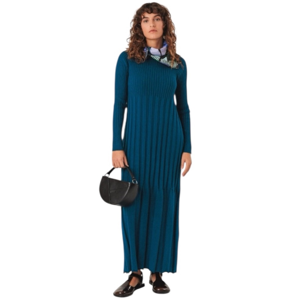 NWOT SKFK Skunkfunk Bedia Ribbed Organic Cotton Maxi Dress Blue Size 6